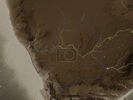 Téléchargez les photos : Cap Nord, province d'Afrique du Sud. Carte d'altitude colorée dans des tons sépia avec des lacs et des rivières - en image libre de droit