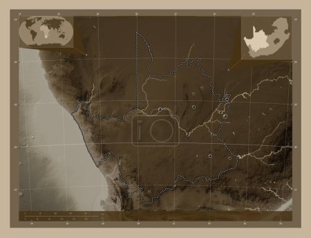 Téléchargez les photos : Cap Nord, province d'Afrique du Sud. Carte d'altitude colorée dans des tons sépia avec des lacs et des rivières. Emplacements des grandes villes de la région. Corner cartes de localisation auxiliaires - en image libre de droit