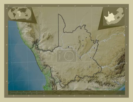 Téléchargez les photos : Cap Nord, province d'Afrique du Sud. Carte d'altitude colorée dans le style wiki avec des lacs et des rivières. Emplacements des grandes villes de la région. Corner cartes de localisation auxiliaires - en image libre de droit
