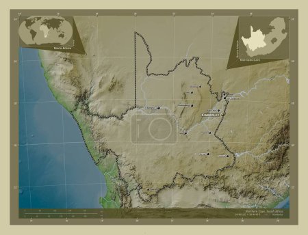 Téléchargez les photos : Northern Cape, province of South Africa. Elevation map colored in wiki style with lakes and rivers. Locations and names of major cities of the region. Corner auxiliary location maps - en image libre de droit
