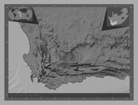 Foto de Western Cape, province of South Africa. Bilevel elevation map with lakes and rivers. Locations of major cities of the region. Corner auxiliary location maps - Imagen libre de derechos