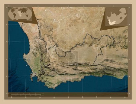 Foto de Western Cape, province of South Africa. Low resolution satellite map. Locations of major cities of the region. Corner auxiliary location maps - Imagen libre de derechos