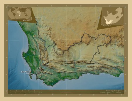 Foto de Western Cape, province of South Africa. Colored elevation map with lakes and rivers. Locations and names of major cities of the region. Corner auxiliary location maps - Imagen libre de derechos