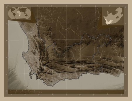Foto de Cabo Occidental, provincia de Sudáfrica. Mapa de elevación coloreado en tonos sepia con lagos y ríos. Ubicaciones de las principales ciudades de la región. Mapas de ubicación auxiliares de esquina - Imagen libre de derechos