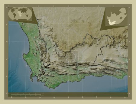 Téléchargez les photos : Cap occidental, province d'Afrique du Sud. Carte d'altitude colorée dans le style wiki avec des lacs et des rivières. Emplacements des grandes villes de la région. Corner cartes de localisation auxiliaires - en image libre de droit