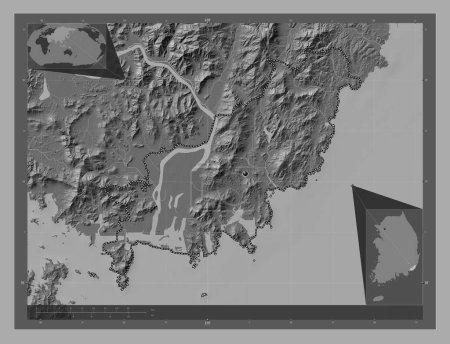 Foto de Busan, metropolitan city of South Korea. Bilevel elevation map with lakes and rivers. Corner auxiliary location maps - Imagen libre de derechos