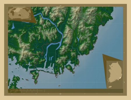 Foto de Busan, ciudad metropolitana de Corea del Sur. Mapa de elevación de colores con lagos y ríos. Ubicaciones de las principales ciudades de la región. Mapas de ubicación auxiliares de esquina - Imagen libre de derechos