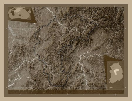 Foto de Chungcheongbuk-do, province of South Korea. Elevation map colored in sepia tones with lakes and rivers. Corner auxiliary location maps - Imagen libre de derechos