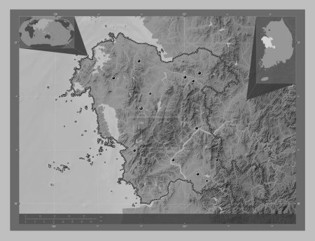 Photo for Chungcheongnam-do, province of South Korea. Grayscale elevation map with lakes and rivers. Locations of major cities of the region. Corner auxiliary location maps - Royalty Free Image