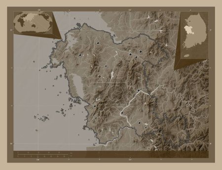 Photo for Chungcheongnam-do, province of South Korea. Elevation map colored in sepia tones with lakes and rivers. Locations of major cities of the region. Corner auxiliary location maps - Royalty Free Image