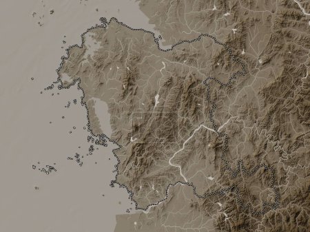 Photo for Chungcheongnam-do, province of South Korea. Elevation map colored in sepia tones with lakes and rivers - Royalty Free Image