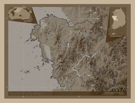 Photo for Chungcheongnam-do, province of South Korea. Elevation map colored in sepia tones with lakes and rivers. Locations and names of major cities of the region. Corner auxiliary location maps - Royalty Free Image