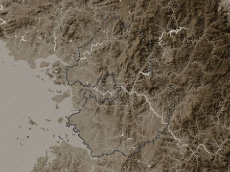 Foto de Gyeonggi-do, province of South Korea. Elevation map colored in sepia tones with lakes and rivers - Imagen libre de derechos