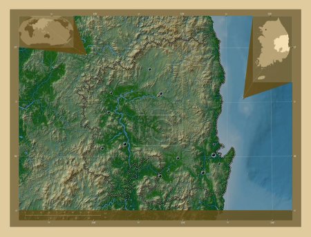 Téléchargez les photos : Gyeongsangbuk-do, province of South Korea. Colored elevation map with lakes and rivers. Locations of major cities of the region. Corner auxiliary location maps - en image libre de droit