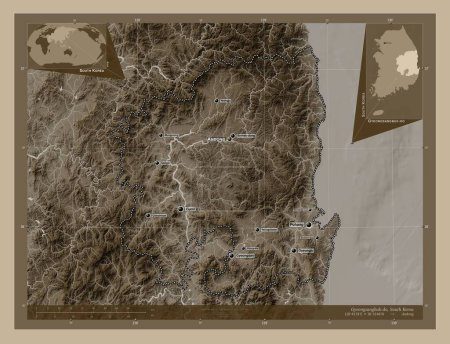 Téléchargez les photos : Gyeongsangbuk-do, province of South Korea. Elevation map colored in sepia tones with lakes and rivers. Locations and names of major cities of the region. Corner auxiliary location maps - en image libre de droit