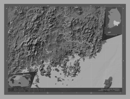 Photo for Gyeongsangnam-do, province of South Korea. Bilevel elevation map with lakes and rivers. Locations and names of major cities of the region. Corner auxiliary location maps - Royalty Free Image