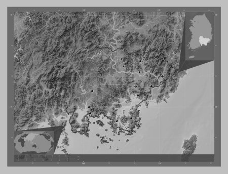 Photo for Gyeongsangnam-do, province of South Korea. Grayscale elevation map with lakes and rivers. Locations of major cities of the region. Corner auxiliary location maps - Royalty Free Image