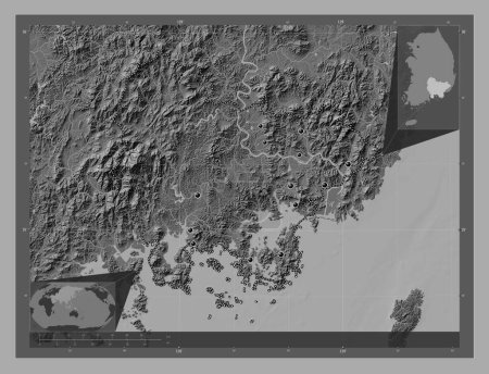 Photo for Gyeongsangnam-do, province of South Korea. Bilevel elevation map with lakes and rivers. Locations of major cities of the region. Corner auxiliary location maps - Royalty Free Image