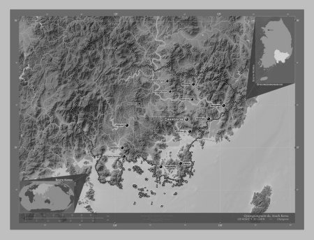 Photo for Gyeongsangnam-do, province of South Korea. Grayscale elevation map with lakes and rivers. Locations and names of major cities of the region. Corner auxiliary location maps - Royalty Free Image