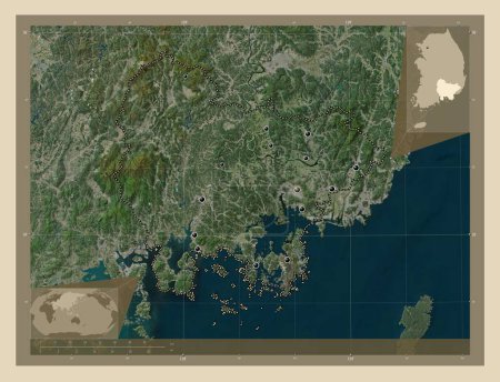 Photo for Gyeongsangnam-do, province of South Korea. High resolution satellite map. Locations of major cities of the region. Corner auxiliary location maps - Royalty Free Image