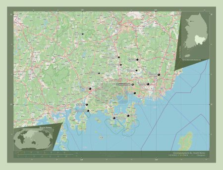 Photo for Gyeongsangnam-do, province of South Korea. Open Street Map. Locations and names of major cities of the region. Corner auxiliary location maps - Royalty Free Image
