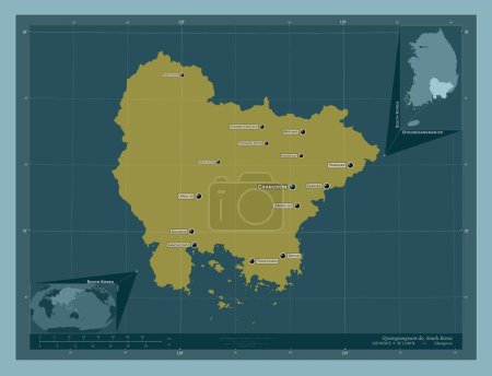 Foto de Gyeongsangnam-do, province of South Korea. Solid color shape. Locations and names of major cities of the region. Corner auxiliary location maps - Imagen libre de derechos