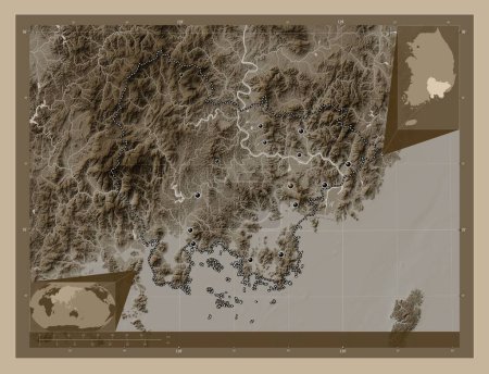 Photo for Gyeongsangnam-do, province of South Korea. Elevation map colored in sepia tones with lakes and rivers. Locations of major cities of the region. Corner auxiliary location maps - Royalty Free Image