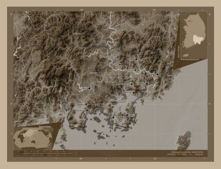 Photo for Gyeongsangnam-do, province of South Korea. Elevation map colored in sepia tones with lakes and rivers. Locations and names of major cities of the region. Corner auxiliary location maps - Royalty Free Image