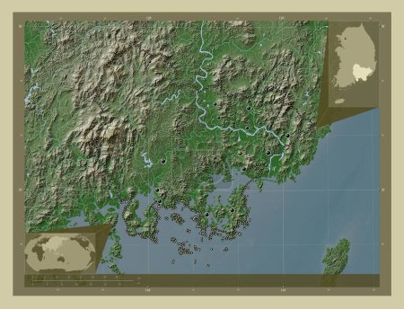 Photo for Gyeongsangnam-do, province of South Korea. Elevation map colored in wiki style with lakes and rivers. Locations of major cities of the region. Corner auxiliary location maps - Royalty Free Image