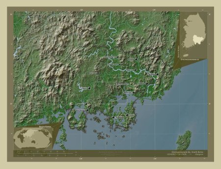 Photo for Gyeongsangnam-do, province of South Korea. Elevation map colored in wiki style with lakes and rivers. Locations and names of major cities of the region. Corner auxiliary location maps - Royalty Free Image