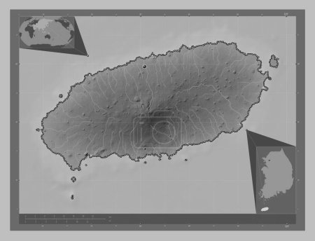 Foto de Jeju, province of South Korea. Grayscale elevation map with lakes and rivers. Locations of major cities of the region. Corner auxiliary location maps - Imagen libre de derechos