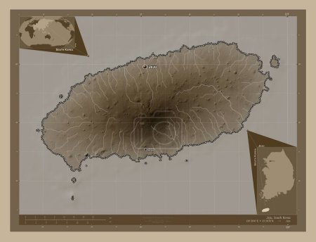 Téléchargez les photos : Jeju, province of South Korea. Elevation map colored in sepia tones with lakes and rivers. Locations and names of major cities of the region. Corner auxiliary location maps - en image libre de droit