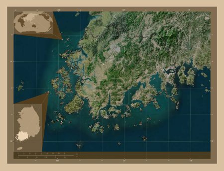 Téléchargez les photos : Jeollanam-do, province of South Korea. Low resolution satellite map. Corner auxiliary location maps - en image libre de droit