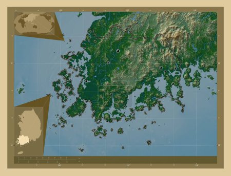 Téléchargez les photos : Jeollanam-do, province de Corée du Sud. Carte d'altitude colorée avec lacs et rivières. Emplacements des grandes villes de la région. Corner cartes de localisation auxiliaires - en image libre de droit