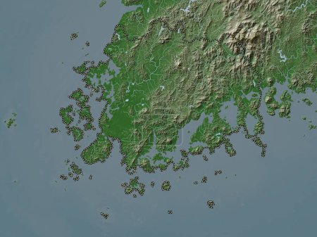 Téléchargez les photos : Jeollanam-do, province de Corée du Sud. Carte d'altitude colorée dans le style wiki avec des lacs et des rivières - en image libre de droit
