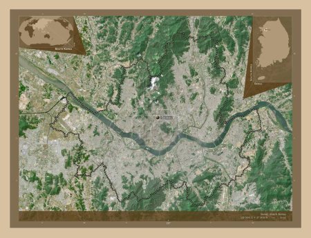 Foto de Seúl, capital metropolitana de Corea del Sur. Mapa satelital de baja resolución. Ubicaciones y nombres de las principales ciudades de la región. Mapas de ubicación auxiliares de esquina - Imagen libre de derechos