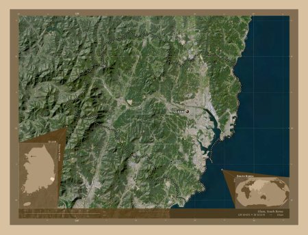 Foto de Ulsan, ciudad metropolitana de Corea del Sur. Mapa satelital de baja resolución. Ubicaciones y nombres de las principales ciudades de la región. Mapas de ubicación auxiliares de esquina - Imagen libre de derechos