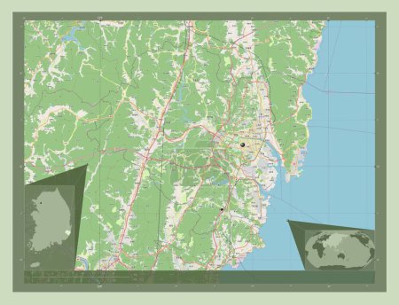 Foto de Ulsan, ciudad metropolitana de Corea del Sur. Open Street Map. Ubicaciones de las principales ciudades de la región. Mapas de ubicación auxiliares de esquina - Imagen libre de derechos