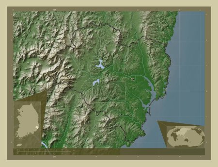 Foto de Ulsan, ciudad metropolitana de Corea del Sur. Mapa de elevación coloreado en estilo wiki con lagos y ríos. Ubicaciones de las principales ciudades de la región. Mapas de ubicación auxiliares de esquina - Imagen libre de derechos