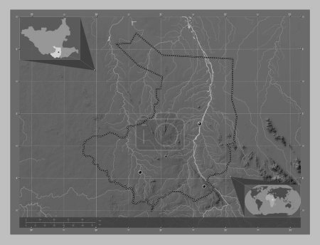 Photo for Central Equatoria, state of South Sudan. Grayscale elevation map with lakes and rivers. Locations of major cities of the region. Corner auxiliary location maps - Royalty Free Image