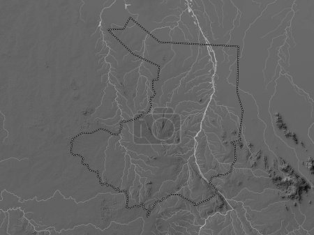 Photo for Central Equatoria, state of South Sudan. Grayscale elevation map with lakes and rivers - Royalty Free Image