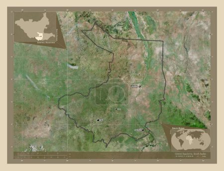 Photo for Central Equatoria, state of South Sudan. High resolution satellite map. Locations and names of major cities of the region. Corner auxiliary location maps - Royalty Free Image