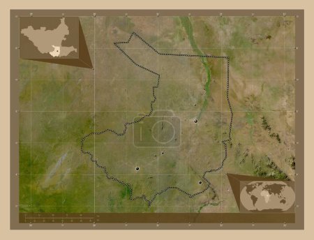 Photo for Central Equatoria, state of South Sudan. Low resolution satellite map. Locations of major cities of the region. Corner auxiliary location maps - Royalty Free Image