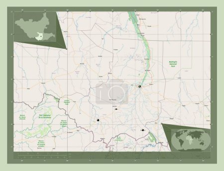 Photo for Central Equatoria, state of South Sudan. Open Street Map. Locations of major cities of the region. Corner auxiliary location maps - Royalty Free Image