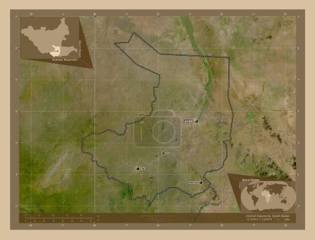Photo for Central Equatoria, state of South Sudan. Low resolution satellite map. Locations and names of major cities of the region. Corner auxiliary location maps - Royalty Free Image