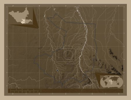 Photo for Central Equatoria, state of South Sudan. Elevation map colored in sepia tones with lakes and rivers. Locations of major cities of the region. Corner auxiliary location maps - Royalty Free Image