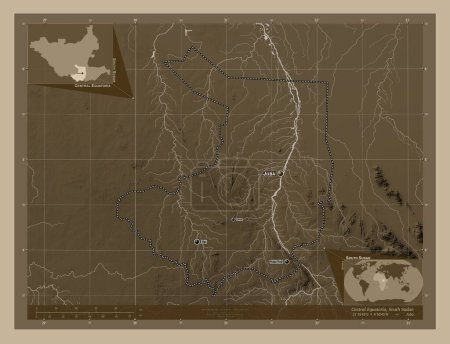 Photo for Central Equatoria, state of South Sudan. Elevation map colored in sepia tones with lakes and rivers. Locations and names of major cities of the region. Corner auxiliary location maps - Royalty Free Image