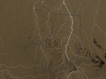 Photo for Central Equatoria, state of South Sudan. Elevation map colored in sepia tones with lakes and rivers - Royalty Free Image