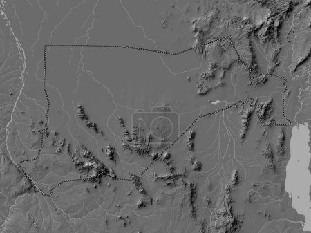 Téléchargez les photos : Equatoria oriental, État du Soudan du Sud. Carte d'altitude de Bilevel avec lacs et rivières - en image libre de droit