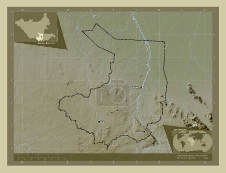 Foto de Ecuatoria Central, estado de Sudán del Sur. Mapa de elevación coloreado en estilo wiki con lagos y ríos. Ubicaciones y nombres de las principales ciudades de la región. Mapas de ubicación auxiliares de esquina - Imagen libre de derechos